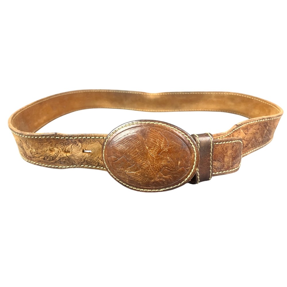 Vintage Brown Leather Western Belt Eagle Floral Embossed 57741T Size 45in